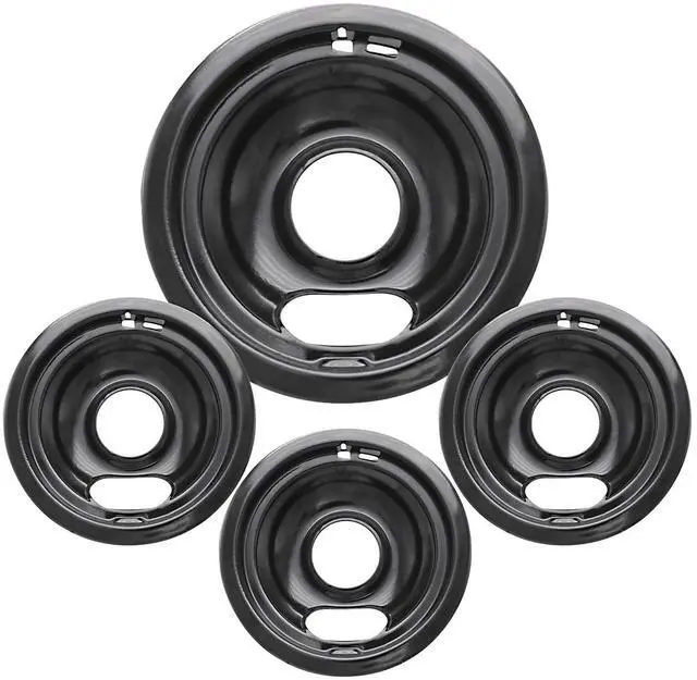 Main image of 4 Pack Black Drip Pans, Compatible with Whirpool Kenmore Frigirate Stove Top Drip Bowls. Include 3 Pcs 6'' Range Replacement Drip Pans and 1 Pcs 8 '' Cooktop Drip Pans