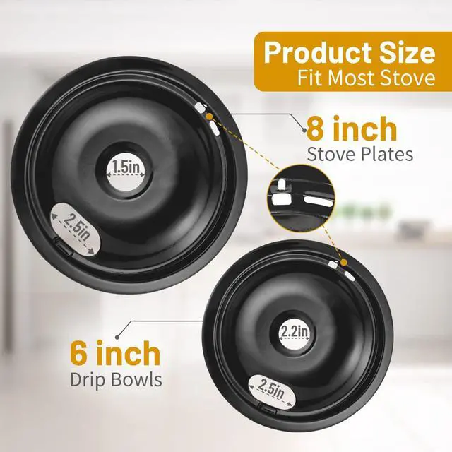 Alt view image 3 of 6 - 4 Pack Black Drip Pans, Compatible with Whirpool Kenmore Frigirate Stove Top Drip Bowls. Include 2 Pcs 6'' Range Replacement Drip Pans and 2 Pcs 8 '' Cooktop Drip Pans