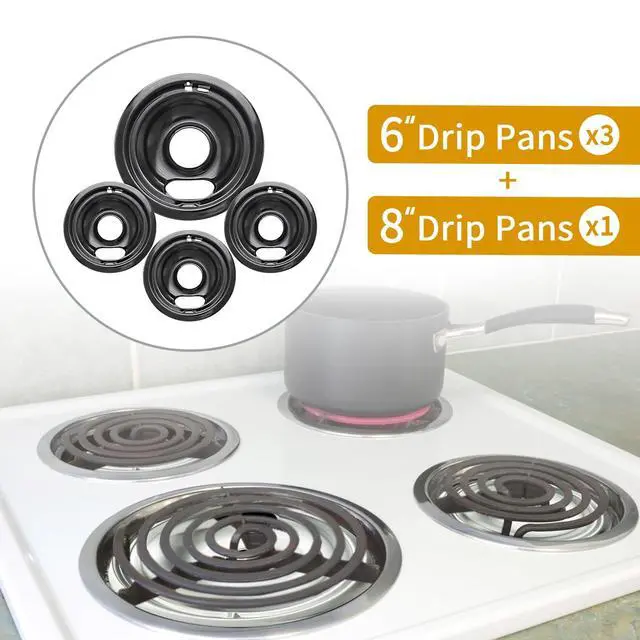 Alt view image 2 of 7 - 4 Pack Black Drip Pans, Compatible with Whirpool Kenmore Frigirate Stove Top Drip Bowls. Include 3 Pcs 6'' Range Replacement Drip Pans and 1 Pcs 8 '' Cooktop Drip Pans