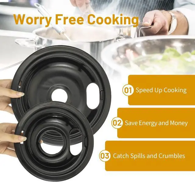 Alt view image 6 of 6 - 4 Pack Black Drip Pans, Compatible with Whirpool Kenmore Frigirate Stove Top Drip Bowls. Include 2 Pcs 6'' Range Replacement Drip Pans and 2 Pcs 8 '' Cooktop Drip Pans