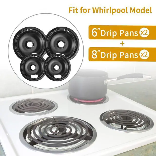 Alt view image 2 of 6 - 4 Pack Black Drip Pans, Compatible with Whirpool Kenmore Frigirate Stove Top Drip Bowls. Include 2 Pcs 6'' Range Replacement Drip Pans and 2 Pcs 8 '' Cooktop Drip Pans