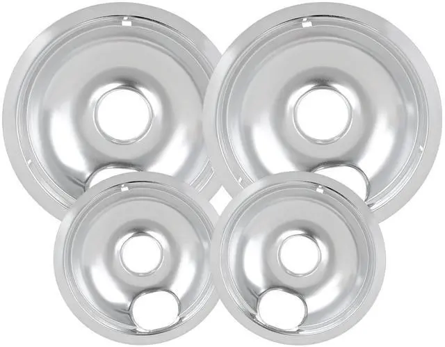 Main image of 4 Pack Chrome Drip Pans, Compatible with Whirpool Kenmore Frigirate Stove Top Drip Bowls. Include 2 Pcs 6'' Range Replacement Drip Pans and 2 Pcs 8 '' Cooktop Drip Pans
