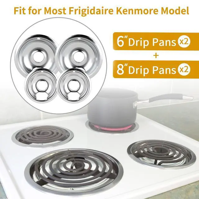 Alt view image 2 of 7 - 4 Pack Chrome Drip Pans, Compatible with Whirpool Kenmore Frigirate Stove Top Drip Bowls. Include 2 Pcs 6'' Range Replacement Drip Pans and 2 Pcs 8 '' Cooktop Drip Pans