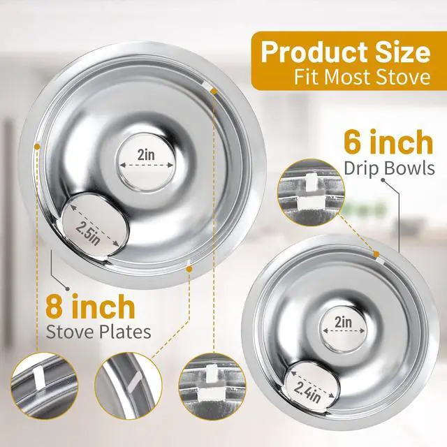 Alt view image 3 of 7 - 4 Pack Chrome Drip Pans, Compatible with Whirpool Kenmore Frigirate Stove Top Drip Bowls. Include 2 Pcs 6'' Range Replacement Drip Pans and 2 Pcs 8 '' Cooktop Drip Pans