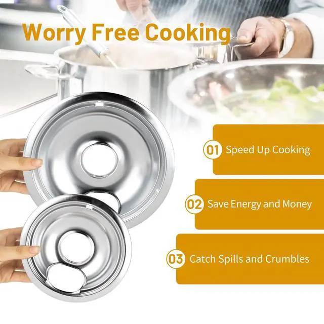 Alt view image 5 of 7 - 4 Pack Chrome Drip Pans, Compatible with Whirpool Kenmore Frigirate Stove Top Drip Bowls. Include 2 Pcs 6'' Range Replacement Drip Pans and 2 Pcs 8 '' Cooktop Drip Pans