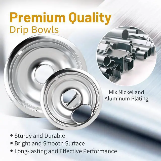 Alt view image 6 of 7 - 4 Pack Chrome Drip Pans, Compatible with Whirpool Kenmore Frigirate Stove Top Drip Bowls. Include 2 Pcs 6'' Range Replacement Drip Pans and 2 Pcs 8 '' Cooktop Drip Pans