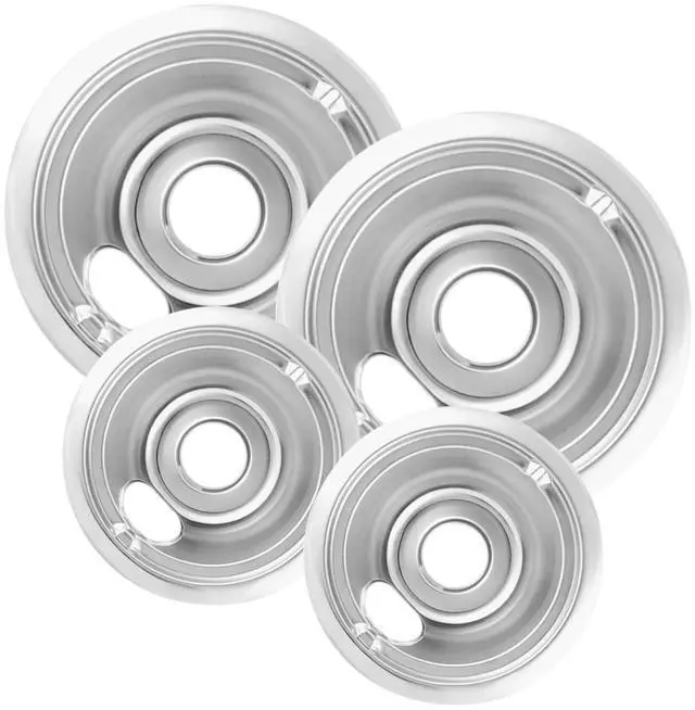Main image of 4-Piece Drip Pans Set - Compatible with GE Stoves - Chrome Finish Electric Stove Burner Drip Pans - 2 x 6inch, 2 x 8inch Stove Drip Pans - GE Stove Drip