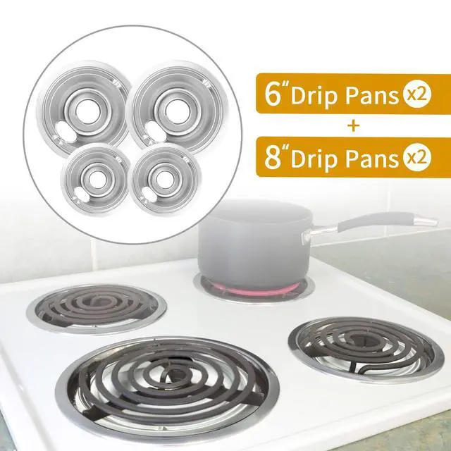 Alt view image 2 of 6 - 4-Piece Drip Pans Set - Compatible with GE Stoves - Chrome Finish Electric Stove Burner Drip Pans - 2 x 6inch, 2 x 8inch Stove Drip Pans - GE Stove Drip