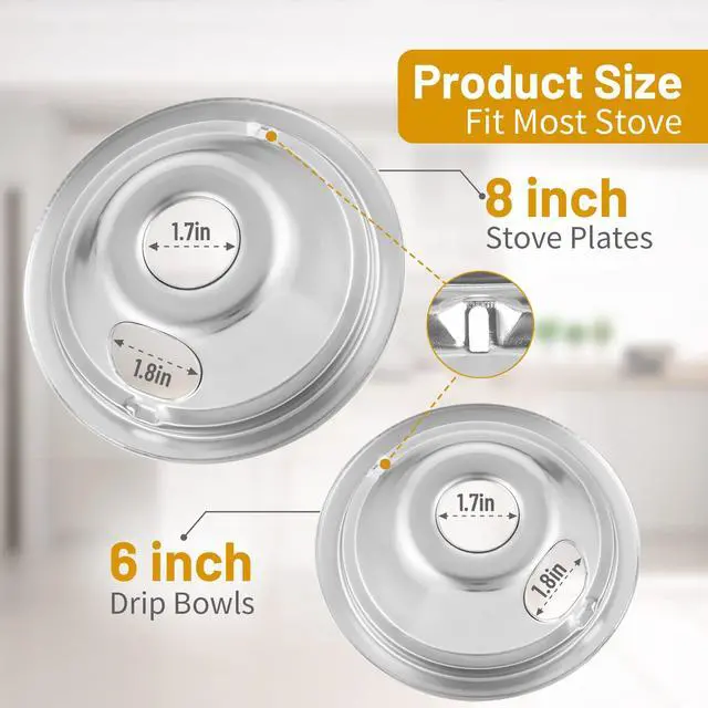 Alt view image 3 of 6 - 4-Piece Drip Pans Set - Compatible with GE Stoves - Chrome Finish Electric Stove Burner Drip Pans - 2 x 6inch, 2 x 8inch Stove Drip Pans - GE Stove Drip