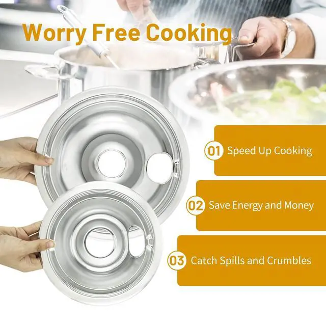 Alt view image 6 of 6 - 4-Piece Drip Pans Set - Compatible with GE Stoves - Chrome Finish Electric Stove Burner Drip Pans - 2 x 6inch, 2 x 8inch Stove Drip Pans - GE Stove Drip