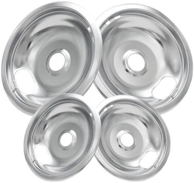 Main image of W10196405 W10196406 Stove Burner Drip Pans for Electric Stove Top-Compatible with Whirlpool Electric Range-Thickening to Prevent Bent-Set of 4 Chrome Drip Pans, Silver