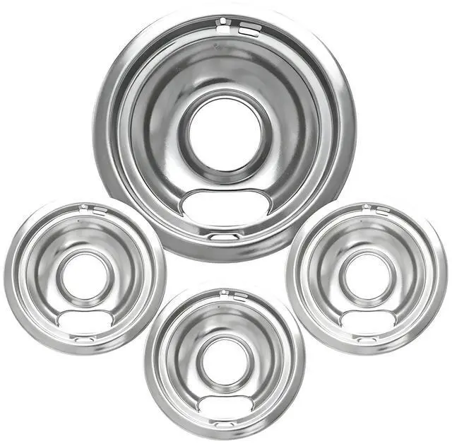 Main image of W10196405 W10196406 Stove Burner Drip Pans for Electric Stove Top-Compatible with Whirlpool Electric Range-Thickening to Prevent Bent-Set of 4 Chrome Drip Pans, Silver