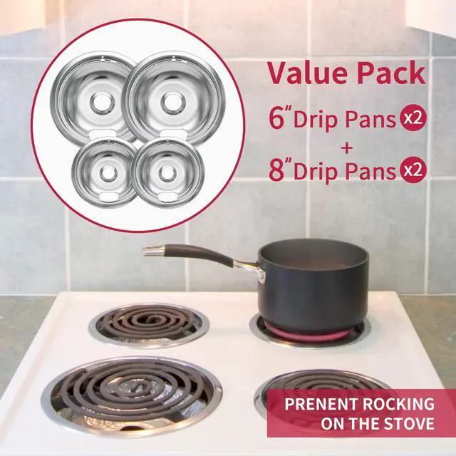 Alt view image 6 of 6 - W10196405 W10196406 Stove Burner Drip Pans for Electric Stove Top-Compatible with Whirlpool Electric Range-Thickening to Prevent Bent-Set of 4 Chrome Drip Pans, Silver