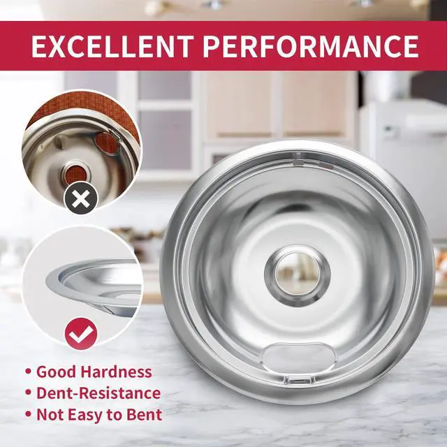 Alt view image 5 of 6 - W10196405 W10196406 Stove Burner Drip Pans for Electric Stove Top-Compatible with Whirlpool Electric Range-Thickening to Prevent Bent-Set of 4 Chrome Drip Pans, Silver