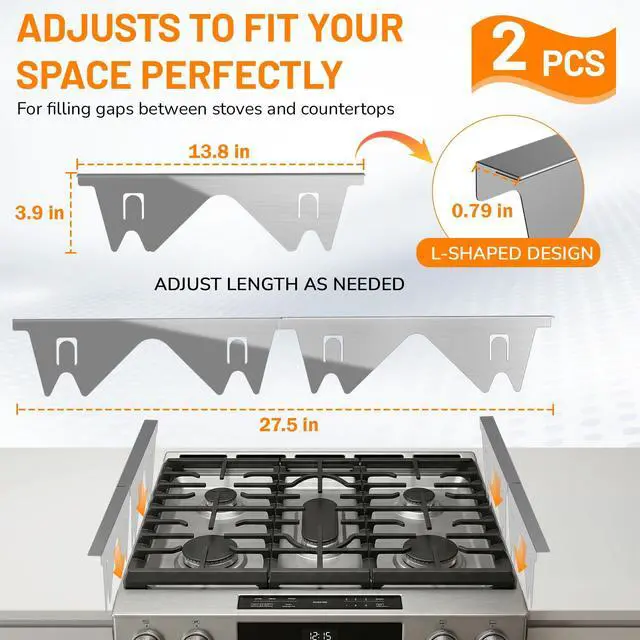Alt view image 2 of 7 - Stove Gap Covers Stainless Steel 2PCS, Stove Gap Filler, Silver | Range Trim Kit, Stove Gap Guards Between Stovetop and Counter, Heat Resistant, Retractable Length 13.8" to 27.5", Width 0.79"
