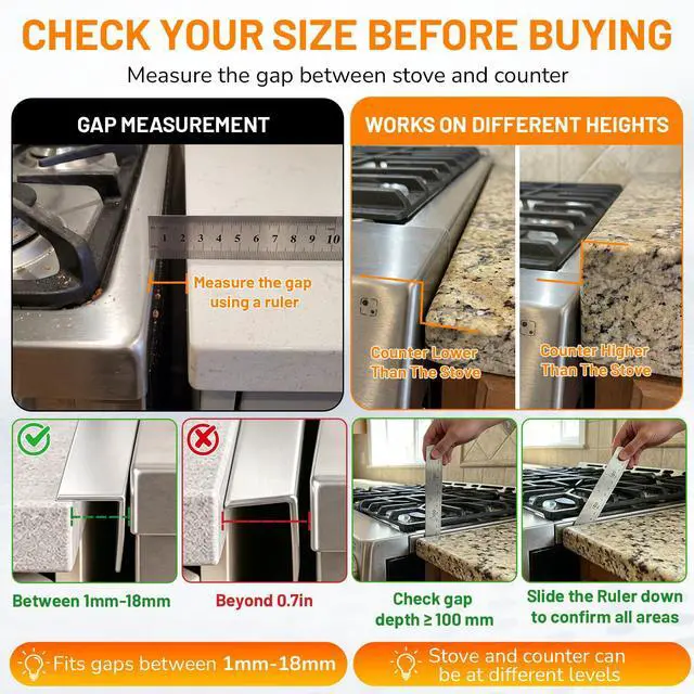 Alt view image 3 of 7 - Stove Gap Covers Stainless Steel 2PCS, Stove Gap Filler, Silver | Range Trim Kit, Stove Gap Guards Between Stovetop and Counter, Heat Resistant, Retractable Length 13.8" to 27.5", Width 0.79"