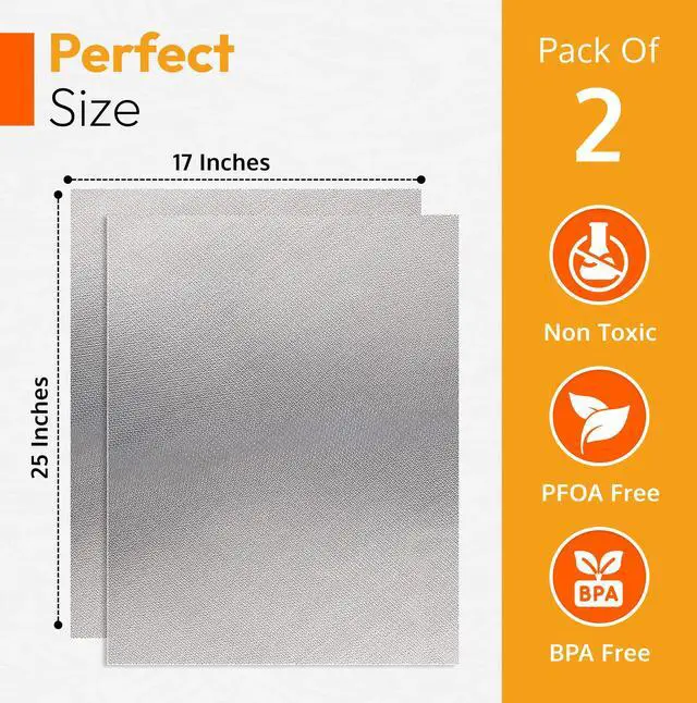 Alt view image 3 of 7 - Oven Liners for Bottom of Oven - 17"x 25" Large Heavy Duty Non-Stick 2 Pack | Resistant to 500°F, BPA & PFOA Free, Reusable, Fits Electric, Gas, Toaster, Microwave Ovens & Grills, Spill Guard, Silver