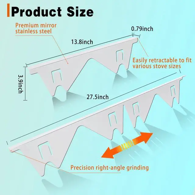 Alt view image 2 of 7 - Stove Gap Covers Stainless Steel, 2 Pack Stove Gap Filler Easy Retractable Length 13.8" to 27.5", Width 0.79" Stove Gap Guards Range Trim Kit, Heat Resistant Guard Between Stove Top & Counter