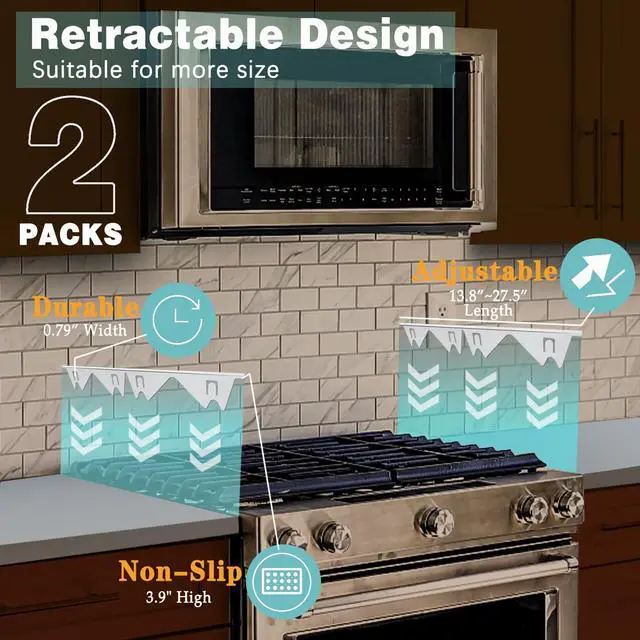 Alt view image 3 of 7 - Stove Gap Covers Stainless Steel, 2 Pack Stove Gap Filler Easy Retractable Length 13.8" to 27.5", Width 0.79" Stove Gap Guards Range Trim Kit, Heat Resistant Guard Between Stove Top & Counter