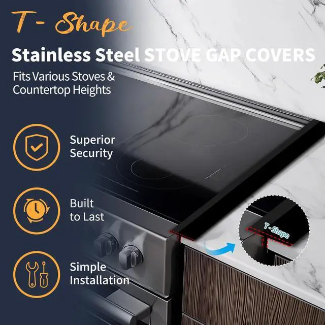 Alt view image 4 of 7 - T-Shape Stove Gap Covers Stainless Steel, 2 Pack Stove Gap Filler Easy Retractable Length 13.8" to 27.5", Width 1.85" - Oven Gap Filler Stove Guards Range Trim Kit