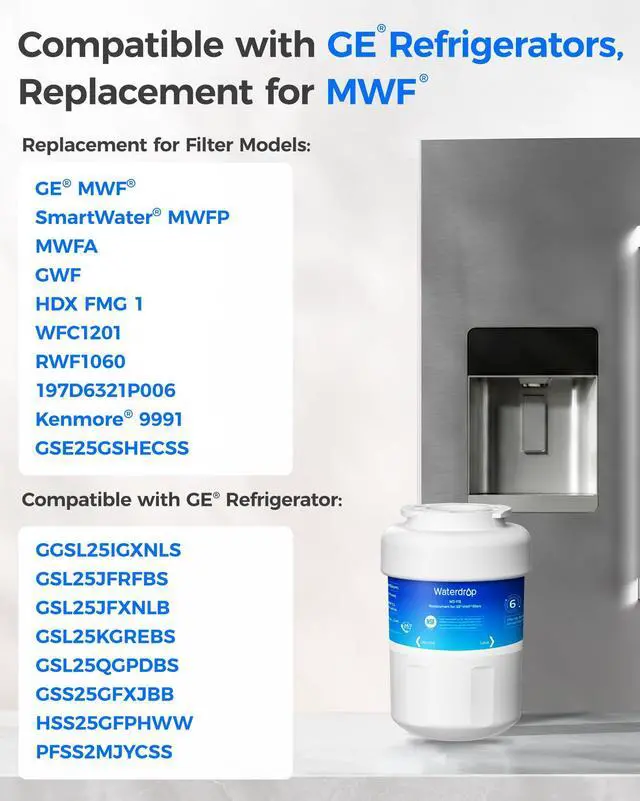 Alt view image 3 of 7 - WD-F13 Refrigerator Water Filter, Replacement for GE® MWF® | Replacement for SmartWater® MWFP, MWFINT, MWFA, GWF, HDX FMG-1, Kenmore® 9991, GSE25GSHECSS, WFC1201