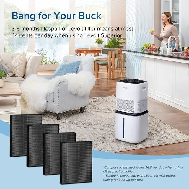 Alt view image 4 of 4 - 4-Pack Replacement Filters for Superior 6000S Smart Evaporative Humidifier, Captures Large Particles & Minerals, Extends Filter Life up to 6 Months, Gray