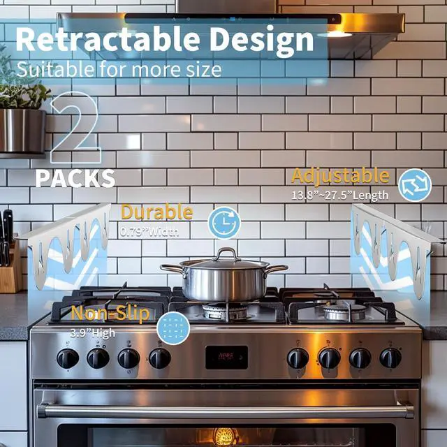 Alt view image 6 of 6 - Stove Gap Covers Stainless Steel, 2 Pack, Stove Gap Filler, Stove Gap Guard, Range Trim Kit, Heat Resistant, Easy Clean, Retractable, Length 13.8 to 27.5
