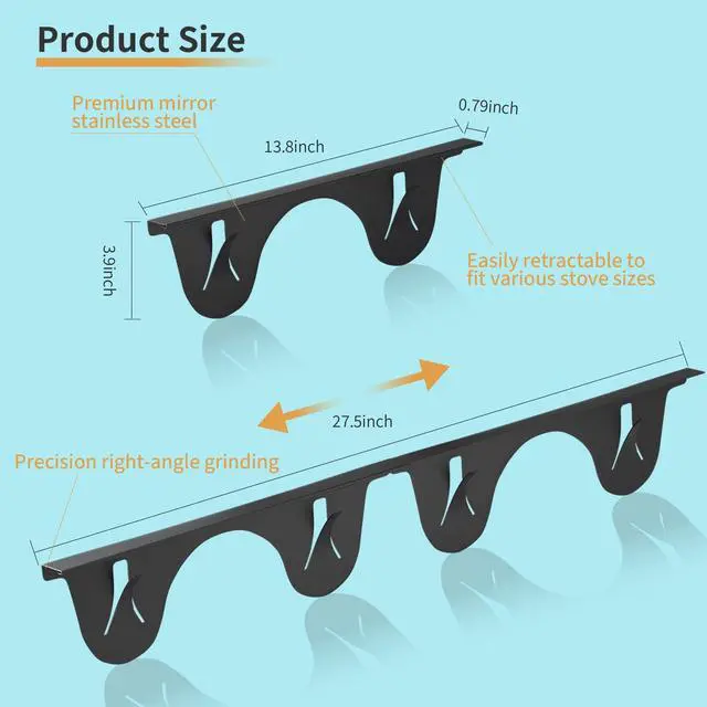 Alt view image 4 of 6 - Stainless Steel Stove Gap Cover (2 Pack, Black), Stove Gap Filler for Kitchen, Range Trim Kit, Heat Resistant with Easy Clean, Adjustable Length 13.8 to 27.5