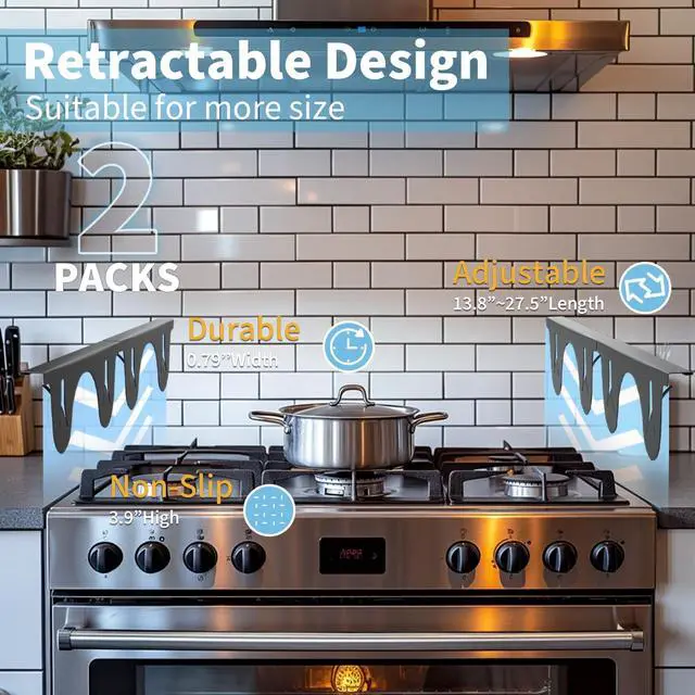 Alt view image 6 of 6 - Stainless Steel Stove Gap Cover (2 Pack, Black), Stove Gap Filler for Kitchen, Range Trim Kit, Heat Resistant with Easy Clean, Adjustable Length 13.8 to 27.5