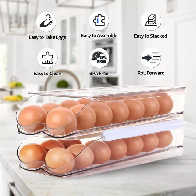 Alt view image 6 of 7 - Egg Holder for Fridge, Automatic Rolling Egg Container -1 Tier | Stackable Fridge Organizers and Storage with Lid, Sturdy Clear Plastic Egg Dispenser & Tray for Refrigerator