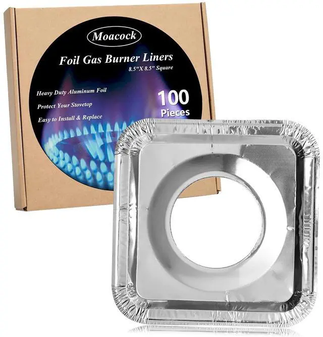 Main image of 100 Pack Aluminum Foil Square Stove Burner Covers 8.5 Inch | Disposable Heavy Thick Quality Bib Liners Drip Pans Gas Range Top Protectors