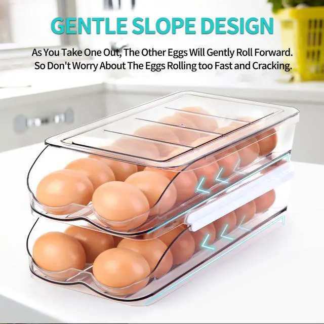 Alt view image 2 of 7 - Egg Holder for Fridge, Automatic Rolling Egg Container -1 Tier | Stackable Fridge Organizers and Storage with Lid, Sturdy Clear Plastic Egg Dispenser & Tray for Refrigerator