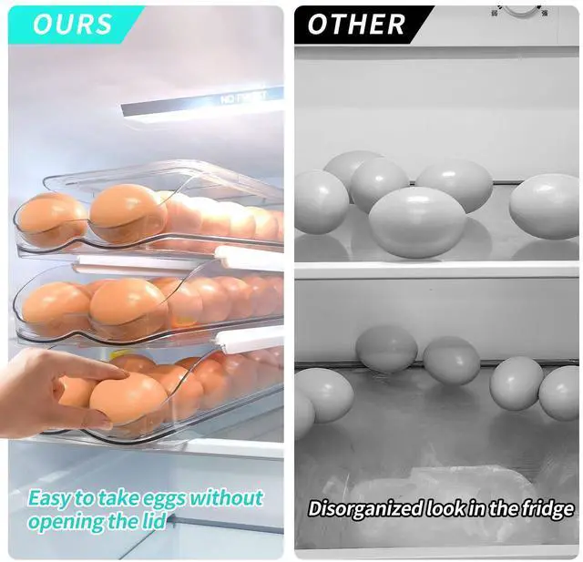 Alt view image 3 of 7 - Egg Holder for Fridge, Automatic Rolling Egg Container -1 Tier | Stackable Fridge Organizers and Storage with Lid, Sturdy Clear Plastic Egg Dispenser & Tray for Refrigerator