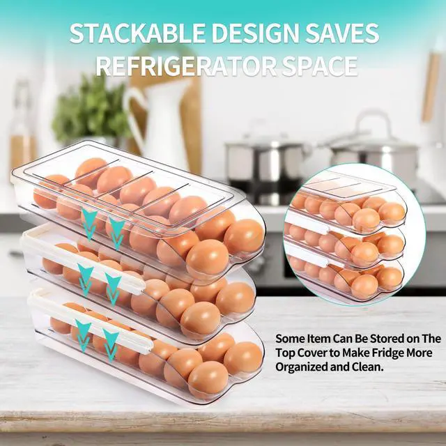 Alt view image 5 of 7 - Egg Holder for Fridge, Automatic Rolling Egg Container -1 Tier | Stackable Fridge Organizers and Storage with Lid, Sturdy Clear Plastic Egg Dispenser & Tray for Refrigerator