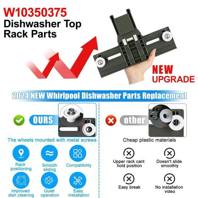 Alt view image 2 of 6 - Upgraded W10350375 W10712395 Dishwasher Top Rack Adjuster Replacement Parts | Whirlpool Dishwasher Parts WDT750SAHZ0 WDTA50SAHZ0 DWDT730PAHZ0 Upper Rack Parts,Fits Kenmore 665 Dishwasher Top Rack Kits