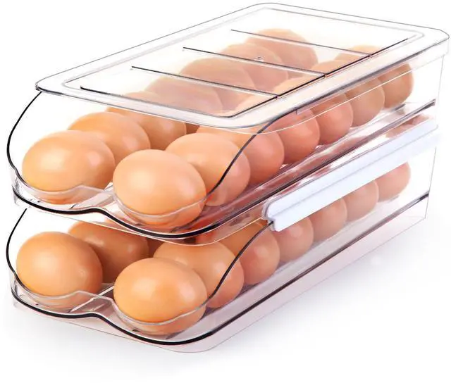 Main image of Egg Holder for Fridge, Automatic Rolling Egg Container -2 Tier | Stackable Fridge Organizers and Storage with Lid, Sturdy Clear Plastic Egg Dispenser & Tray for Refrigerator