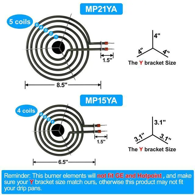 Alt view image 2 of 6 - 4 Pack MP22YA Electric Range Burner Element Unit Set - 2 pcs MP15YA 6" and 2 pcs MP21YA 8" Replacement for Hardwick & Kenmore & Maytag & Norge & Whirlpool Electric Range Stove