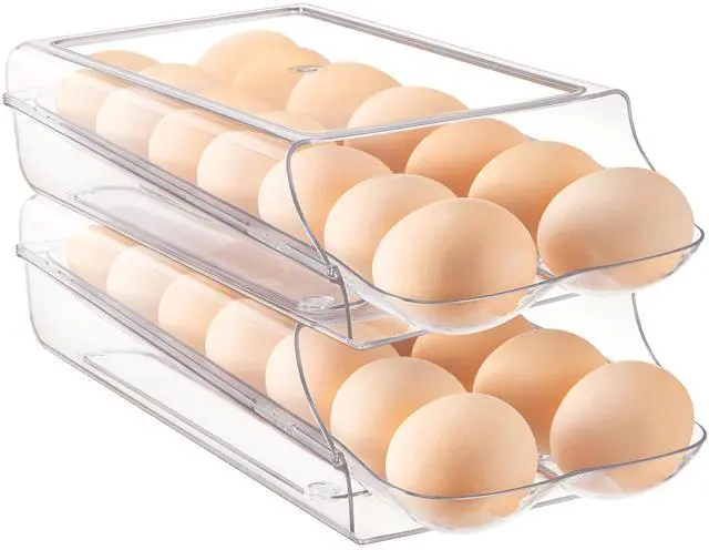 Main image of 2 Pack Egg Holder for Fridge, Automatic Rolling Egg Container | Stackable Clear 14-Count Eggs Organizer with Removable Inner Tray, Egg Storage for Refrigerator, Space Saving