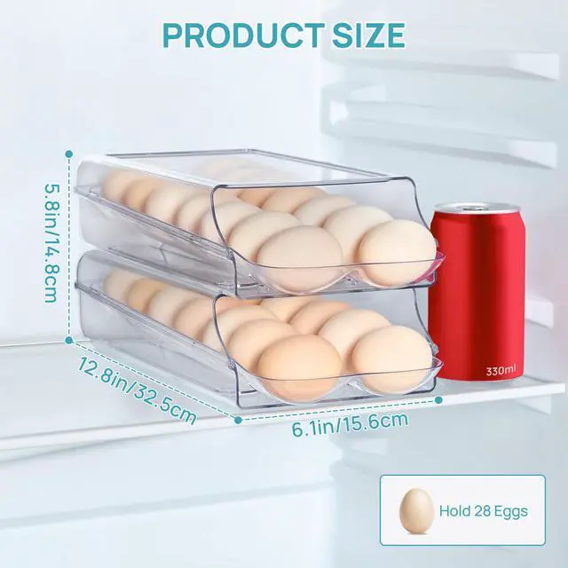 Alt view image 2 of 6 - 2 Pack Egg Holder for Fridge, Automatic Rolling Egg Container | Stackable Clear 14-Count Eggs Organizer with Removable Inner Tray, Egg Storage for Refrigerator, Space Saving