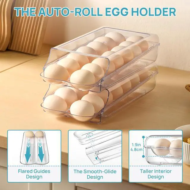 Alt view image 3 of 6 - 2 Pack Egg Holder for Fridge, Automatic Rolling Egg Container | Stackable Clear 14-Count Eggs Organizer with Removable Inner Tray, Egg Storage for Refrigerator, Space Saving
