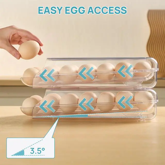 Alt view image 4 of 6 - 2 Pack Egg Holder for Fridge, Automatic Rolling Egg Container | Stackable Clear 14-Count Eggs Organizer with Removable Inner Tray, Egg Storage for Refrigerator, Space Saving