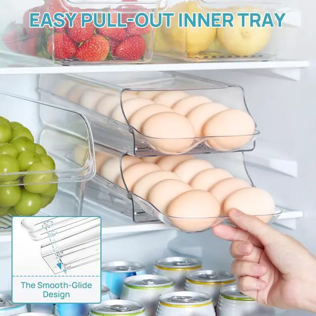 Alt view image 5 of 6 - 2 Pack Egg Holder for Fridge, Automatic Rolling Egg Container | Stackable Clear 14-Count Eggs Organizer with Removable Inner Tray, Egg Storage for Refrigerator, Space Saving