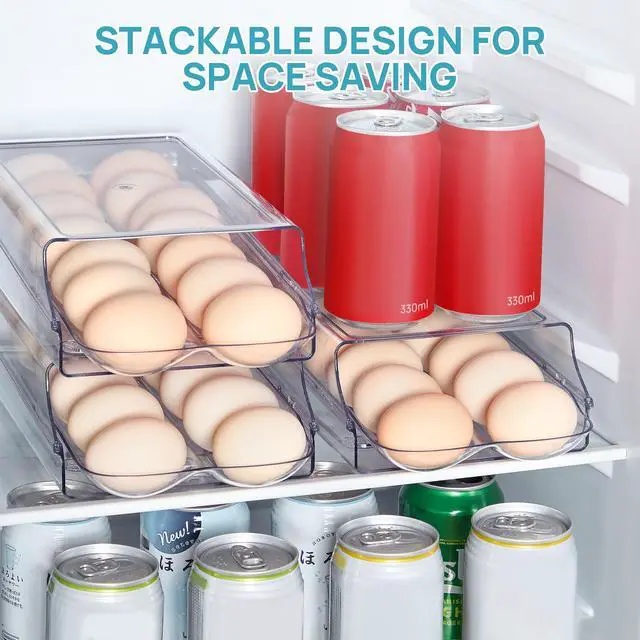 Alt view image 6 of 6 - 2 Pack Egg Holder for Fridge, Automatic Rolling Egg Container | Stackable Clear 14-Count Eggs Organizer with Removable Inner Tray, Egg Storage for Refrigerator, Space Saving