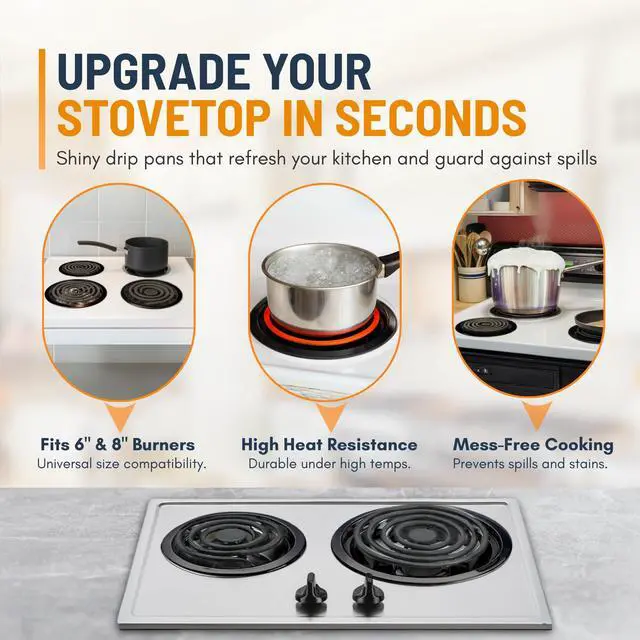 Alt view image 4 of 7 - Electric Stove Drip Pans Set of 4 (2 x 6-Inch & 2 x 8-Inch) Replacement Stove Drip Pans for Electric Stove for GE & Hotpoint Ranges - Compatible with WB31M20 & WB31M19 Stove Burner Drip Pan