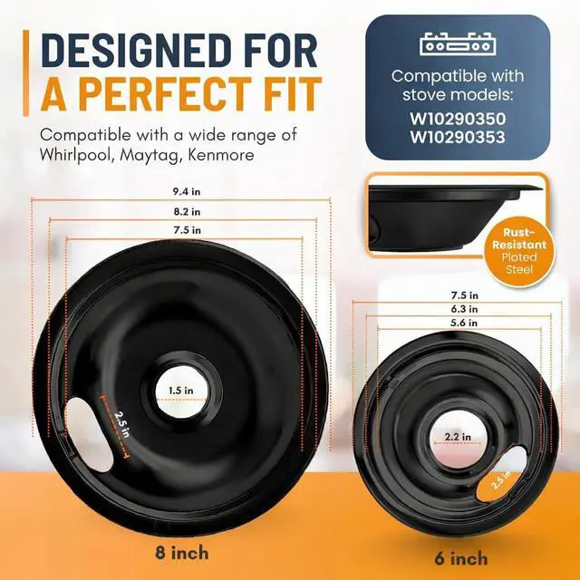 Alt view image 2 of 7 - Electric Stove Drip Pans Set of 4 (2 x 6-Inch & 2 x 8-Inch) Stove Drip Pans for Electric Stove for Whirlpool, Maytag, KitchenAid & More Compatible with W10290350 & W10290353 Stove Burner Drip Pan
