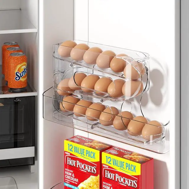Alt view image 3 of 7 - Clear FIFO Egg Holder for Fridge, Egg Dispenser for Eggs 36 Count | Clear PET, Heavy-Duty, Automatic Rolling Egg Organizer, Space-Saving Egg Roller/Container/Storage for Kitchen Countertop