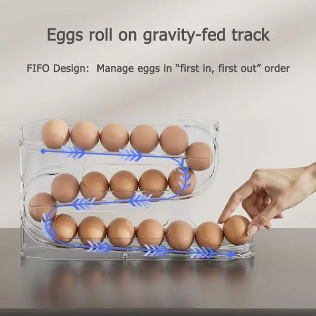 Alt view image 4 of 7 - Clear FIFO Egg Holder for Fridge, Egg Dispenser for Eggs 36 Count | Clear PET, Heavy-Duty, Automatic Rolling Egg Organizer, Space-Saving Egg Roller/Container/Storage for Kitchen Countertop
