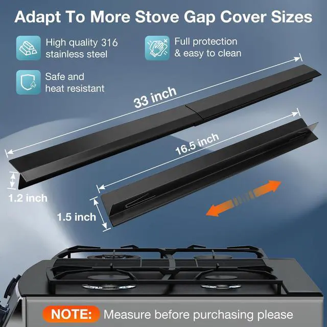 Alt view image 3 of 7 - 16.5"-33" Stove Gap Covers Stainless Steel 2PCS, Stove Gap Filler, Black | Oven Side Gap Filler, Kitchen Range Trim Kit, Stove Gap Guard Between Stove and Counter, Heat Resistant & Effectively Protect