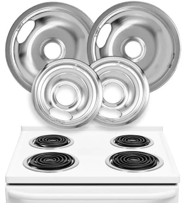 Main image of Electric Stove Drip Pans Set of 4 (2 x 6-Inch & 2 x 8-Inch) Stove Drip Pans for Electric Stove for Whirlpool, Maytag, KitchenAid & More - Compatible with W10196405 & W10196406 Stove Burner Drip Pan