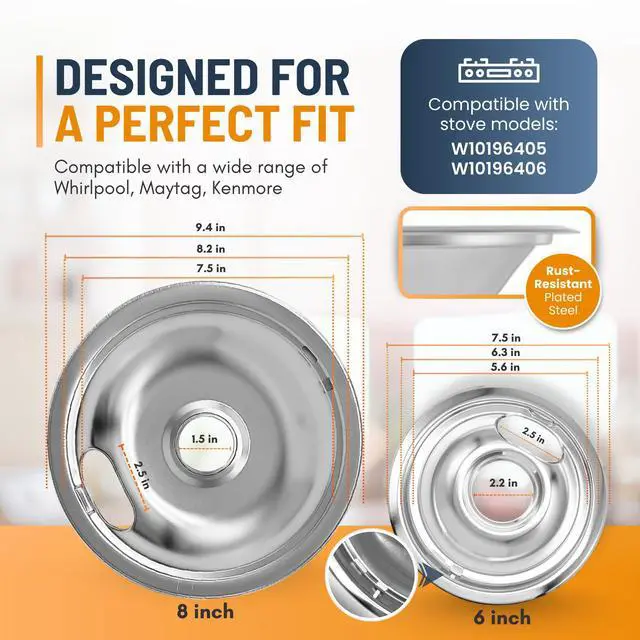 Alt view image 2 of 7 - Electric Stove Drip Pans Set of 4 (2 x 6-Inch & 2 x 8-Inch) Stove Drip Pans for Electric Stove for Whirlpool, Maytag, KitchenAid & More - Compatible with W10196405 & W10196406 Stove Burner Drip Pan